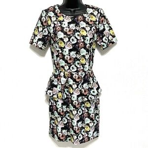 H&M Woman Black Blue Floral Peplum Midi Dress Size 4